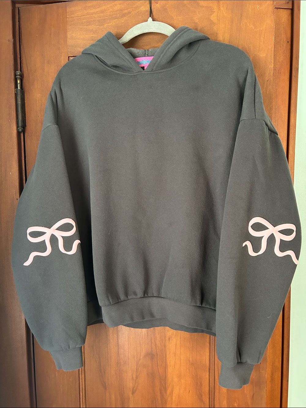 Edikted Gray Hoodie with Pink Bow Sleeve Graphics